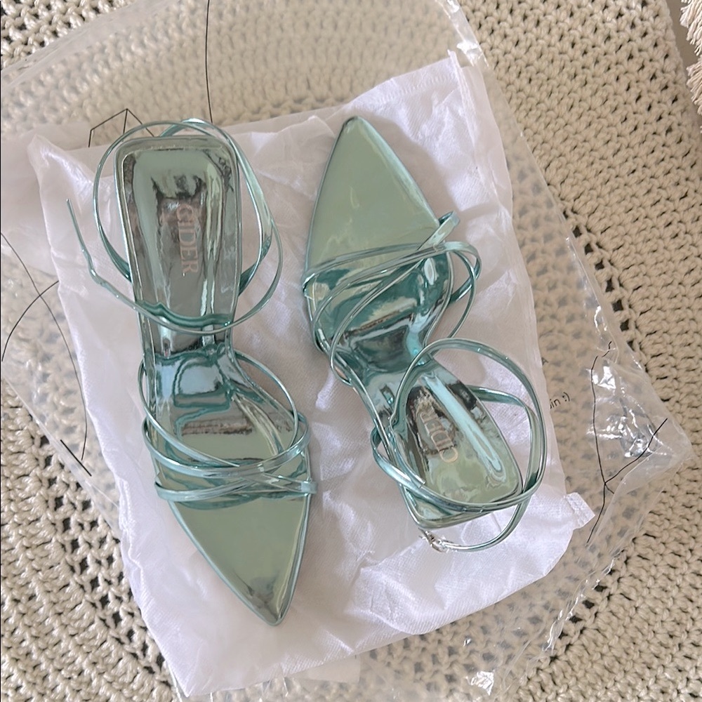 Cider metallic turquoise pointy sandal heels